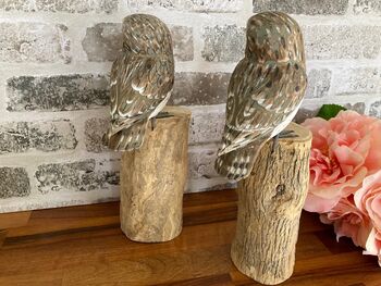 Hand Carved Wooden Owl Figurine Woodland Home Decor Ornament Figurine Gift, 7 of 8