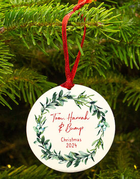 Mummy Daddy And Bump Personalised Christmas Decoration Mistletoe Bauble, 2 of 4