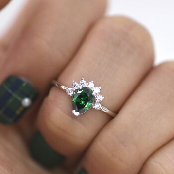 Genuine Pear Cut Emerald Green Cz Crown Ring, 3 of 11