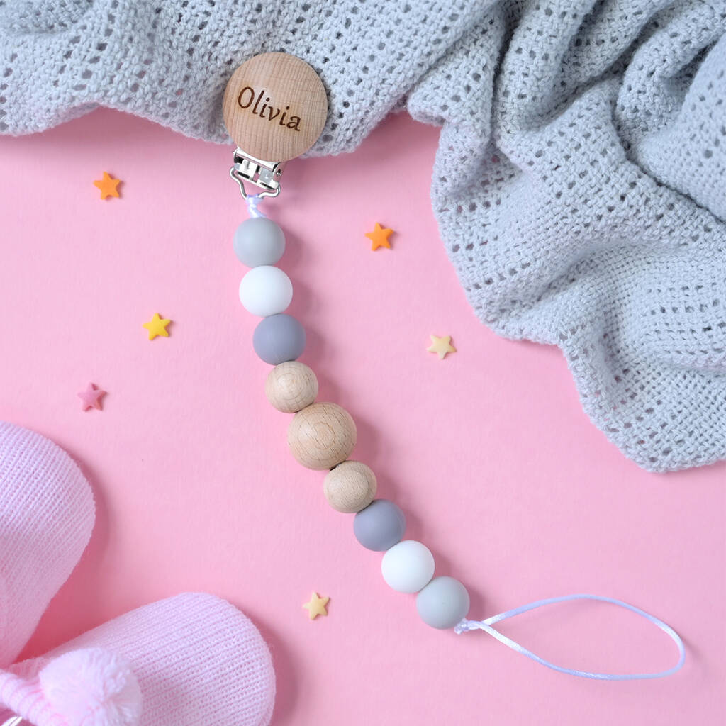 Personalised Dummy Clip / Grey, White And Light Grey By KEEDD