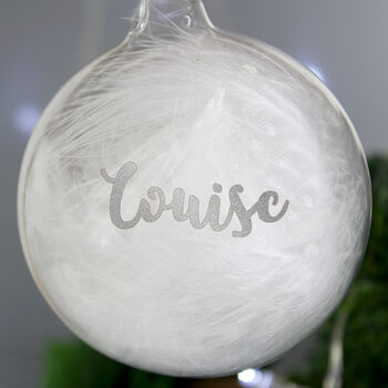 Personalised Silver Glitter Feather Glass Bauble, 3 of 4