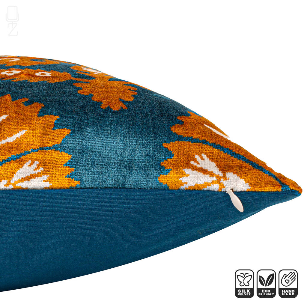 Ethnic Orange And Blue Ikat Velvet Cushion Cover 50x50 By