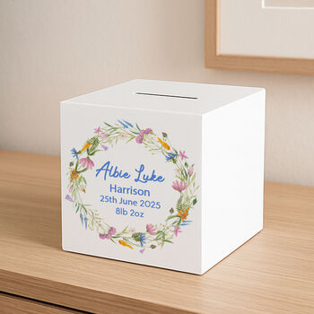 Personalised Colourful Floral Blue Wooden Money Box, 3 of 3