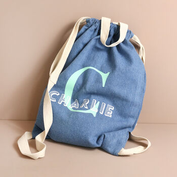 Personalised Initial Name Bag Base Denim Drawstring Bag, 2 of 4