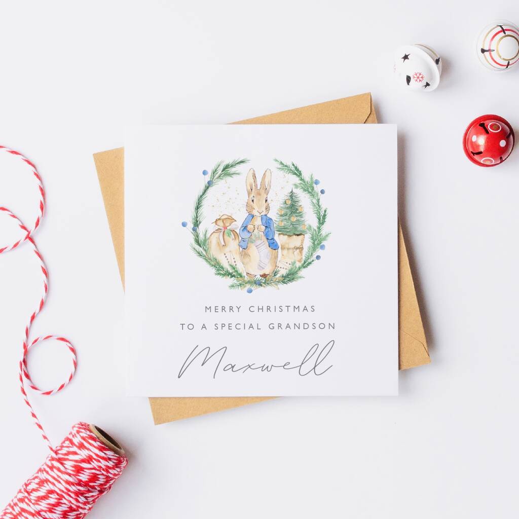 Personalised Peter Rabbit / Flopsy Bunny Christmas Card *Pink + Blue, 1 of 2