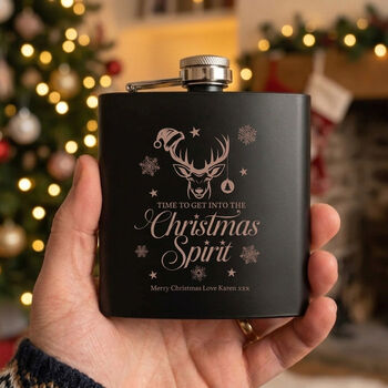 Personalised Christmas Stag Engraved Black Metal Hip Flask 6oz, 3 of 6