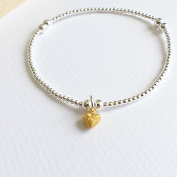 Sterling Silver Tiny Gold Frosted Heart Beaded Bracelet, 2 of 4