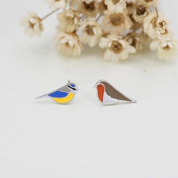Mismatched Robin And Blue Tit Bird Stud Earrings In Sterling Silver, 4 of 12