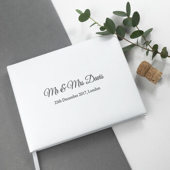 Engraved White Leather Wedding Guest Book, 3 of 12