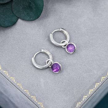 Sterling Silver Dangling Genuine Amethyst Hoop Earrings, 3 of 12