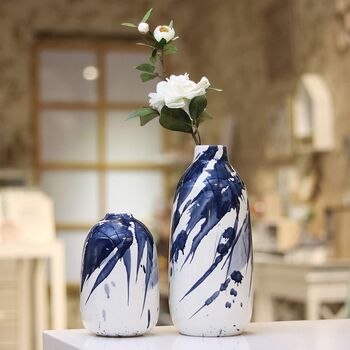 Set Of Two Blue White Ceramic Vases Glazed, 5 of 5