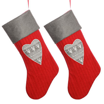 His And Hers Personalised Nordic Red Heart Stockings, 2 of 9