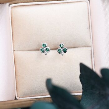 Sterling Silver Green Cz Shamrock Tiny Stud Earrings, 5 of 12