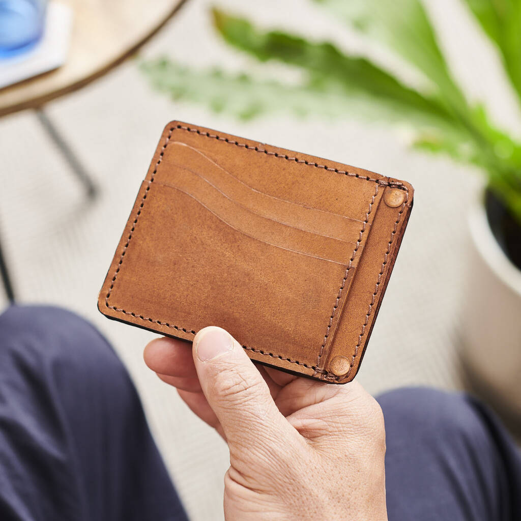 Personalised Leather Card Holder With Copper Rivets By Vida Vida