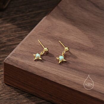 Tiny Aqua Green Opal Star Dangle Stud Earrings, 6 of 11