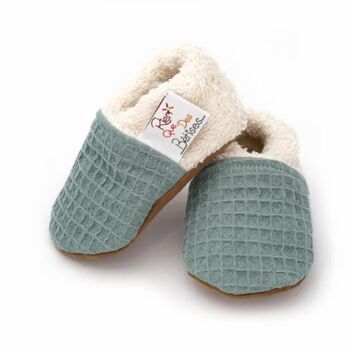 Handmade Baby Booties, Slippers In Olive Cotton, 2 of 2