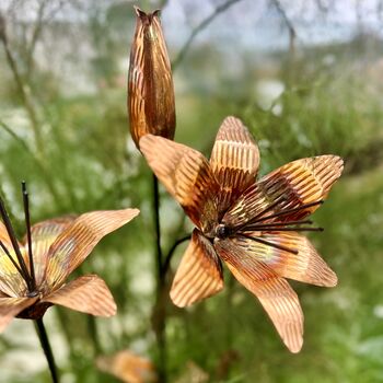 Set Of Two Copper Lily Flower Garden Stakes – Outdoor Garden Art, 2 of 6