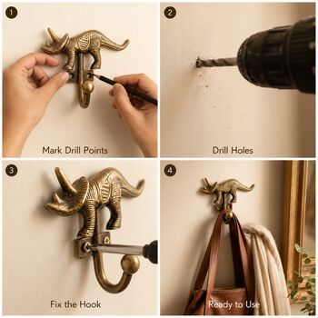 Vintage Brass Rhinoceros Wall Hooks Set Of Two, 4 of 9