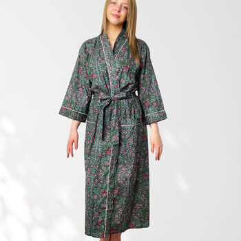 Grey And Pink Flower Print Cotton Dressing Gown Kimono, 8 of 10
