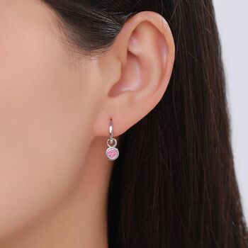 Sterling Silver October Birthstone Tourmaline Pink Crystal Drop Hoop Earrings, 5 of 11