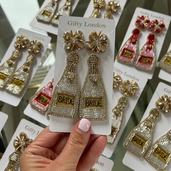 White Champagne Bottle Bride To Be Embellished Hen Party Earrings, 3 of 3