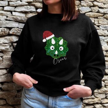 Personalised Black Christmas Jumper With Sparkling Dinosaur Face, 3 of 7
