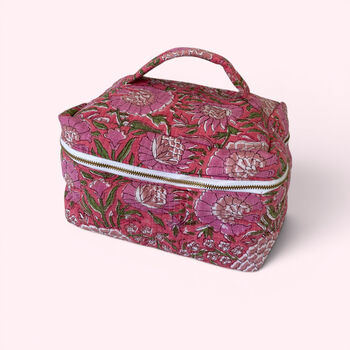 Vanity Bag | Quilted Cotton Toiletry Bag | Pink Garden Floral Block Print, 5 of 5