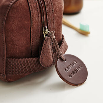 Personalised Leather Washbag With Round Tag, 4 of 5