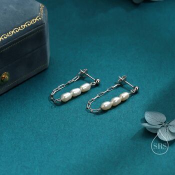 Sterling Silver Genuine Oval Pearl And Chain Earrings, 2 of 12