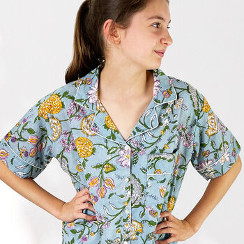 Pale Blue Floral 100% Cotton Ladies Pyjama Short Set, 5 of 7
