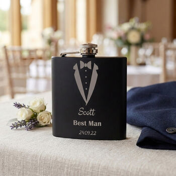 Personalised Engraved Tuxedo Design 6oz Hip Flask For Wedding, Best Man, Groom, 8 of 8