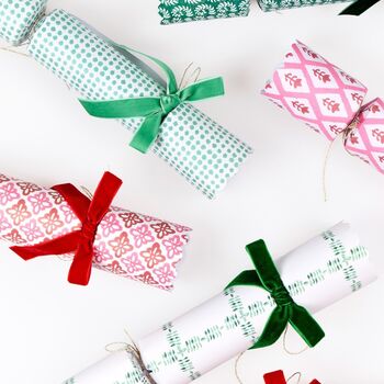 Set Of Six Patterned Velvet Ribbon Christmas Crackers, 3 of 7