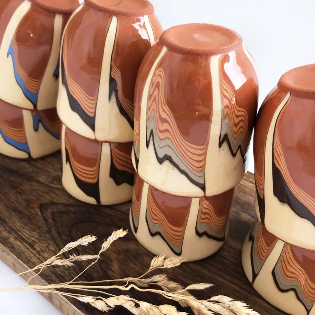 Set Of Stoneware Espresso Cups In Beige And Green By The Tottem Artisan