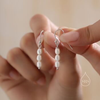Oval Pearl Trio Drop Hook Earrings In Sterling Silver, 6 of 11