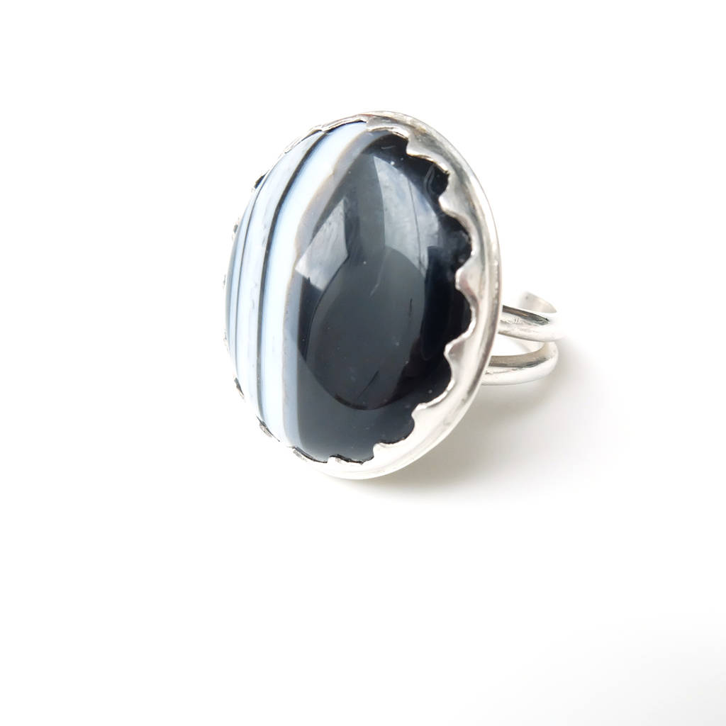 Black Banded Agate Gemstone Ring Set In Sterling Silver, 1 of 5