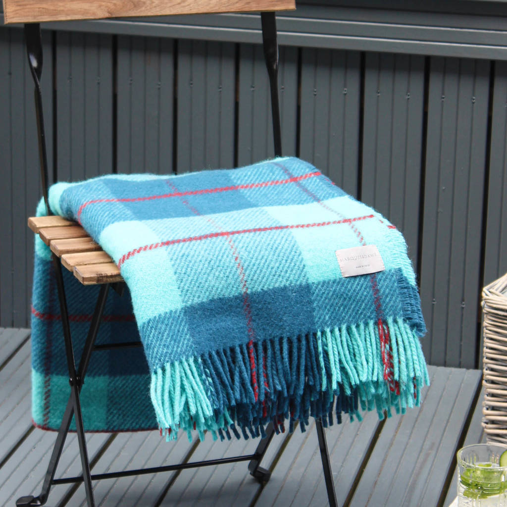 aqua blue check wool picnic blanket leather straps by marquis & dawe