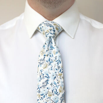 New Wedding 100% Cotton Floral Print Tie In Blue, 3 of 9