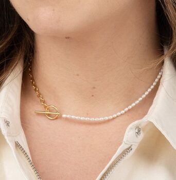 Half Pearl And Half Chain T Bar Necklace, 6 of 7