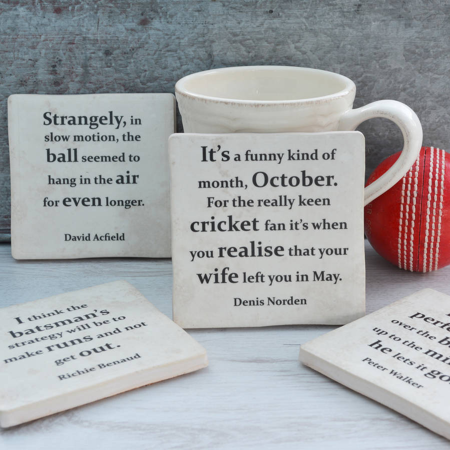 set of four ceramic famous  cricket quotes  coasters by me 