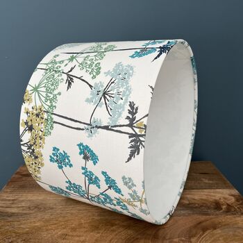 Hedgerow Pistachio And Teal Botanical Drum Lampshades, 8 of 10