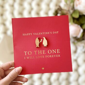 Red Wooden Penguin Valentines Day Gold Foiled Card, 3 of 5