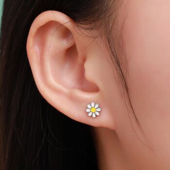 Mismatched Enamel Daisy And Robin Bird Stud Earrings In Sterling Silver, 2 of 10