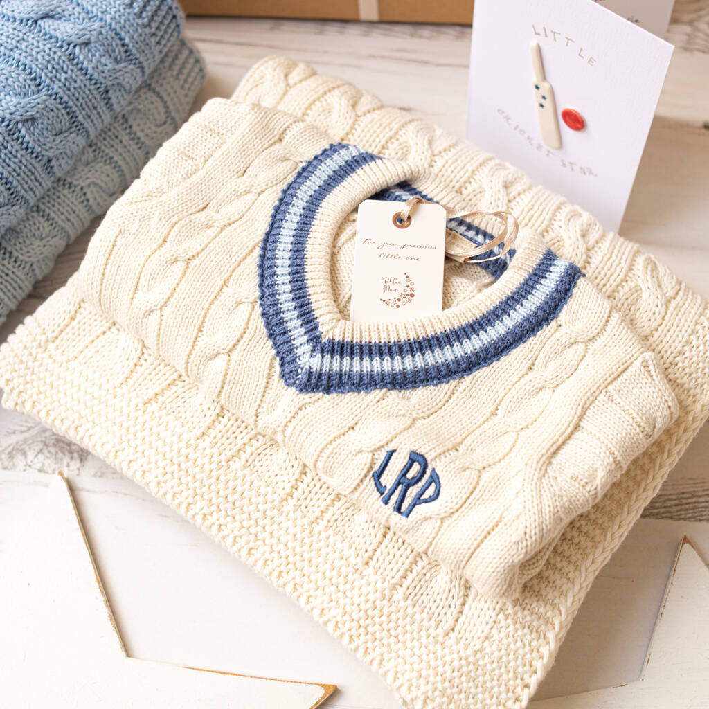 Cream Cricket Jumper With Blue Stripes Six 12 Mths Fsh By Toffee Moon
