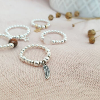 Sterling Silver 925 Feather Charm Stretch Bead Ring, 3 of 6