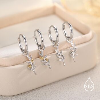 Sterling Silver Olive Branch Huggie Hoop Earrings, 2 of 12