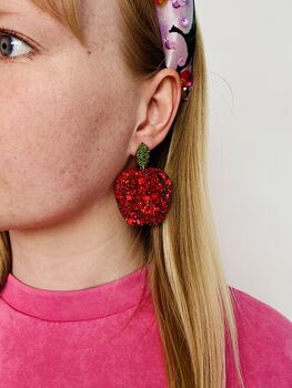 Red Apple Glitter Earrings / Best Teacher Gift End Of Term Appreciation Jewellery / Snow White Inspired Gift Enchanted Forest Jewellery / Vintage Style Fruit Jewellery Bold Red Statement Gift, 5 of 5