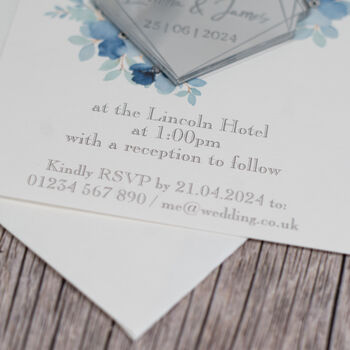 Geometric Heart Blue Floral Wedding Invitation Magnet, 2 of 6