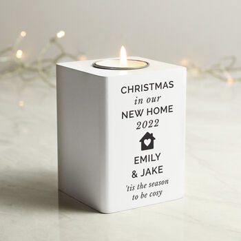 Personalised New Home White Wooden Tea Light Holder, 2 of 4