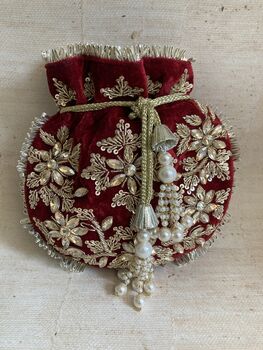 Maroon Velvet Handcrafted Potli Bag, 2 of 10