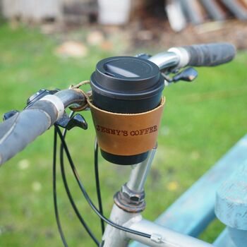 Personalised Reusable Coffee Cup Leather Bike Holder, 2 of 6